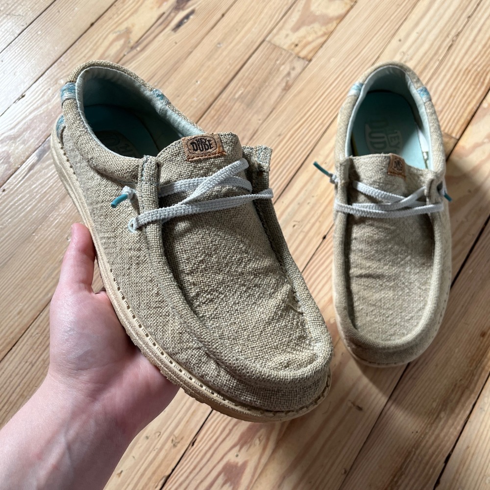 Hey Dude Wally Jute Loafers Mens 9 Tan Cloud Blue Lightweight Slip On Shoes